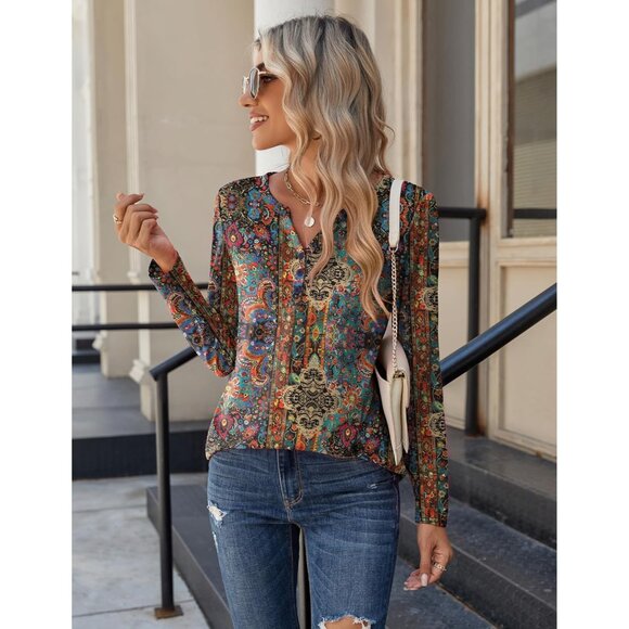 Long Sleeve Women's Shirt V Neck Casual Fall Dressy Blouse Trendy Work - Picture 2 of 6